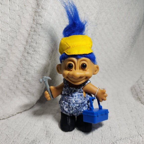 Vintage Russ Troll Doll Construction Worker 5" Blue Hair Hammer Original #18532 - Picture 1 of 3